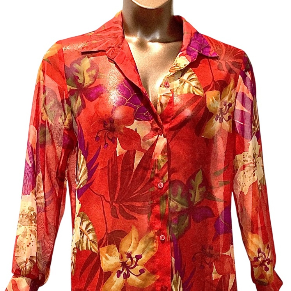 Red long Sleeve Button Down Blouse with Notched Collar Medium (Runs very large)